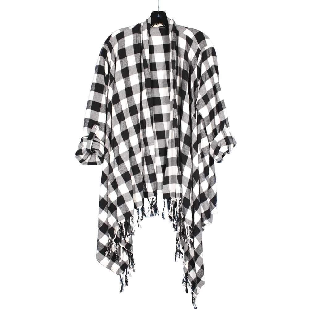 ALTAR'D STATE Black BUFFALO CHECK Open Front FRINGE HEM Flannel DRAPE KIMONO XL